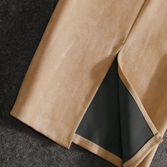 Khaki Casual Women's Faux Deerskin Velvet With Zipper Back Slit Skirt - Picture 4 of 7